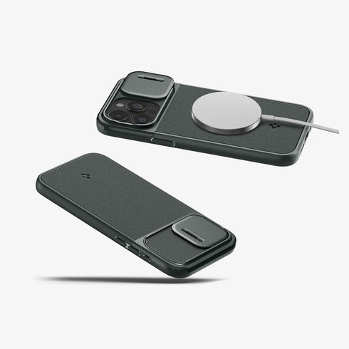 ACS06599 - iPhone 15 Pro Max Case Optik Armor (MagFit) in black showing the back with lens slot open